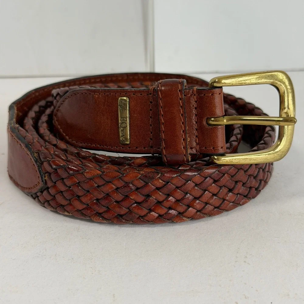 EQVVS Woven Braided Leather Belt XL 38-40 Brown Solid Brass England Handmade
